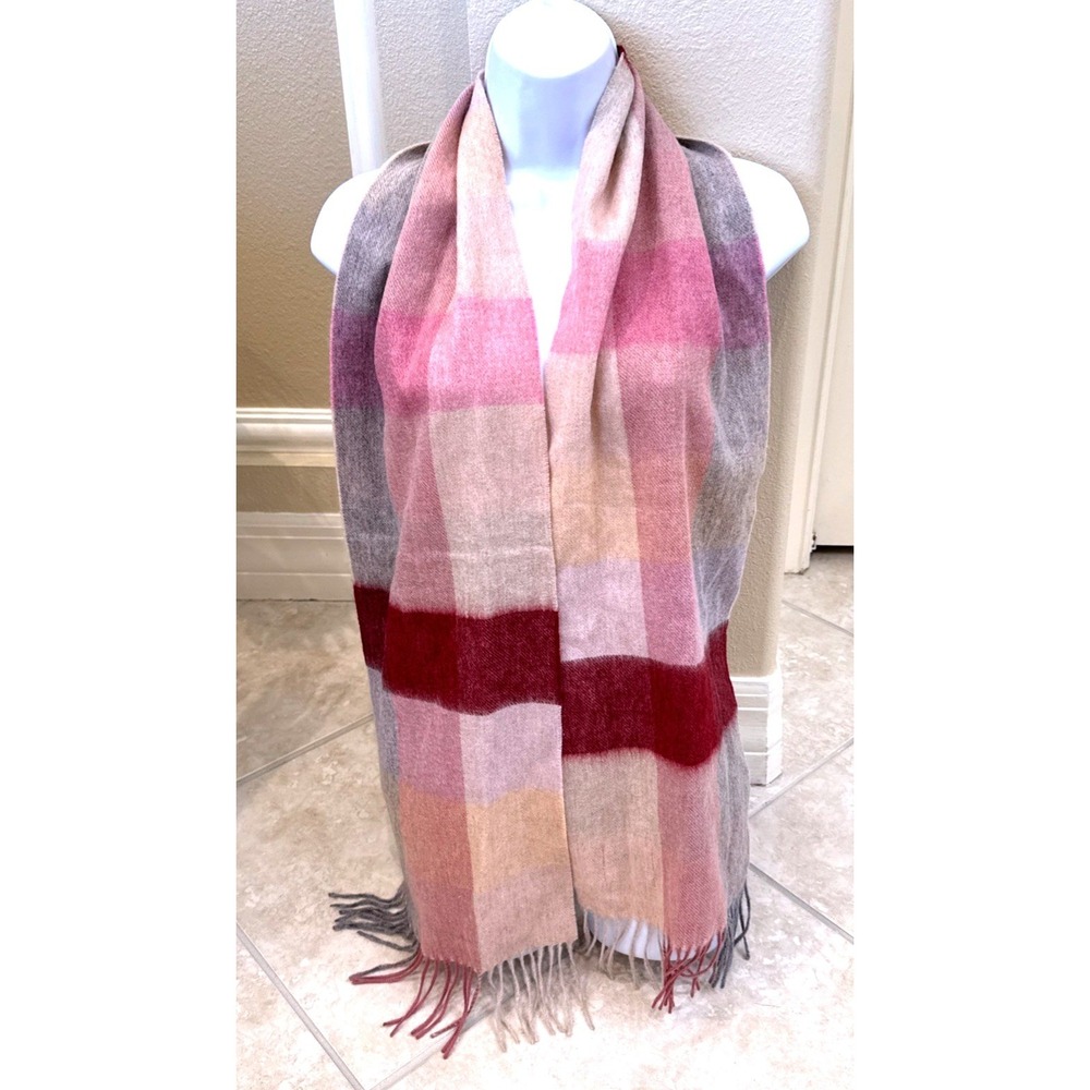 Kiltane Scotland 100% Lambswool Scarf Pink Burgundy Grey Plaid Fringe Wrap